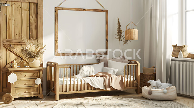 سرير خشبي صغير، تصاميم داخلية مستوحاة من الطبيعه، غرفة أطفال بأثاث أنيق والوان هادئة ومريحة، شقق وفلل سكنية فاخرة في السعودية، فن التصميم والديكورات المتطورة، لوحة بيضاء فارغة، موك أب