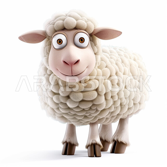 أعياد دينيه إسلاميه, رسوم توضيحية ثري دي لحيوان ثدي أليف، قربان و أضحية عيد الاضحى المبارك، مجسم ثلاثي الابعاد لحيوان الخاروف الابيض، خلفية بيضاء