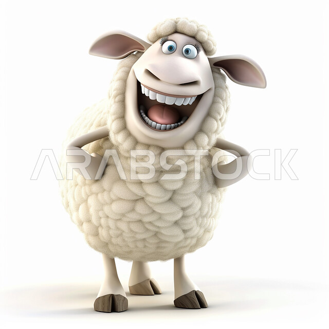 مجسم ثلاثي الابعاد لحيوان الخاروف الابيض المبتسم، أعياد دينيه إسلاميه, رسوم توضيحية ثري دي لحيوان ثدي أليف، قربان و أضحية عيد الاضحى المبارك، خلفية بيضاء
