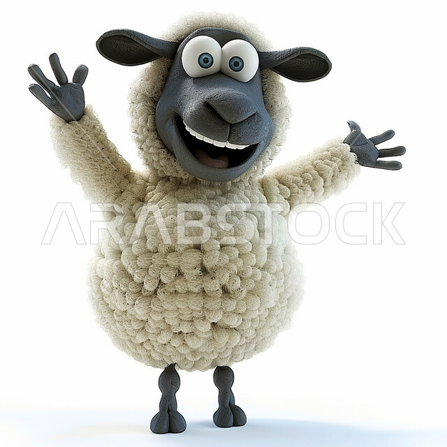 مجسم ثلاثي الابعاد لحيوان الخاروف الابيض المبتسم، أعياد دينيه إسلاميه, رسوم توضيحية ثري دي لحيوان ثدي أليف، قربان و أضحية عيد الاضحى المبارك، خلفية بيضاء