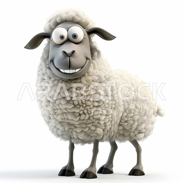 قربان و أضحية عيد الاضحى المبارك، مجسم ثلاثي الابعاد لحيوان الخاروف الابيض المبتسم، أعياد دينيه إسلاميه, رسوم توضيحية ثري دي لحيوان ثدي أليف، خلفية بيضاء