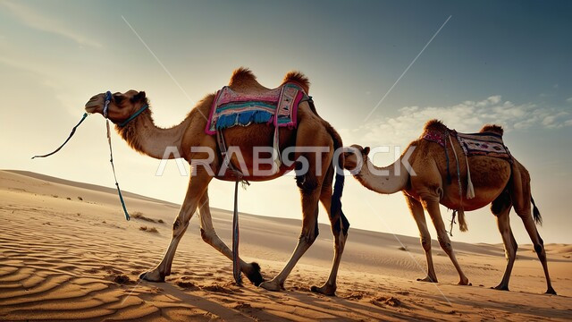  اسلوب التنقل في القدم، الجبال والكثبان الرملية والمرتفعات في الصحراء، قطيع من الجمال يسير في محمية طبيعية بالمناطق الصحراوية، مفهوم تربية ورعاية الابل في المملكة العربية السعودية، الطبيعة الجبلية في صحاري شبه الجزيرة