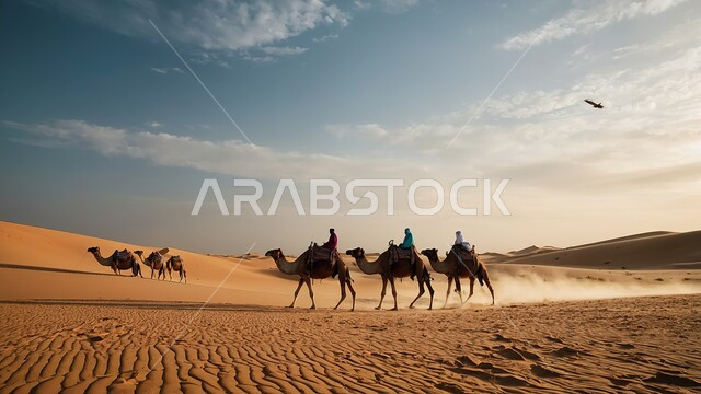  قطيع من الجمال يسير في محمية طبيعية بالمناطق الصحراوية، مفهوم تربية ورعاية الابل في المملكة العربية السعودية، الطبيعة الجبلية في صحاري شبه الجزيرة، اسلوب التنقل في القدم، الجبال والكثبان الرملية والمرتفعات في الصحراء