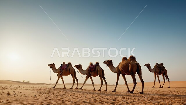 الجبال والكثبان الرملية والمرتفعات في الصحراء، قطيع من الجمال يسير في محمية طبيعية بالمناطق الصحراوية، مفهوم تربية ورعاية الابل في المملكة العربية السعودية، الطبيعة الجبلية في صحاري شبه الجزيرة، اسلوب التنقل في القدم