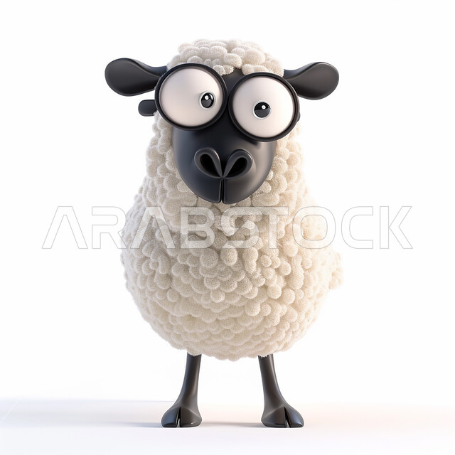 رسوم توضيحية كرتونية ثلاثية الأبعاد لمجسم حيوان الخاروف الأليف, مفهوم تربية الأغنام, قربان وأضاحي الأعياد والمناسبات الاسلامية, خلفية بيضاء