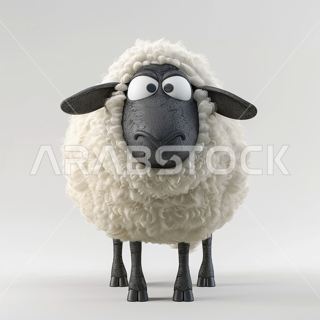 مفهوم تربية الأغنام, قربان وأضاحي الأعياد والمناسبات الاسلامية, رسوم توضيحية كرتونية ثلاثية الأبعاد لمجسم حيوان الخاروف الأليف, خلفية رمادية
