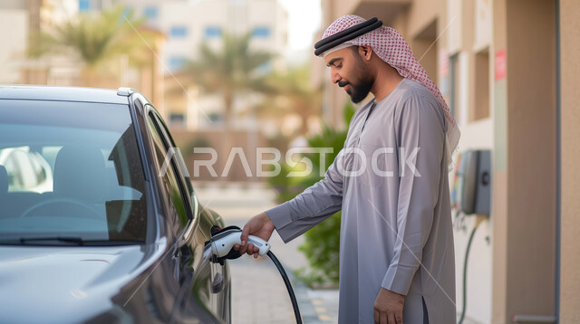 وسائل النقل صديقة البيئة في المملكة العربية السعودية, تعبئة وقود السيارة في المحطة المنزليه, صورة من الجانب لرجل عربي خليجي سعودي يرتدي الثوب التقليدي والشماغ يقوم بتوصيل شاحن كهربائي لسيارته