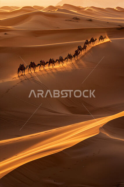 قافلة من الإبل تسير فوق الكثبان الرملية في طريق السفر الصحراوي، تربية الجمال والناقات العربية في المحميات الطبيعية في البادية، المناظر الطبيعية والرمال الذهبية الناعمة في المملكة العربية السعودية، الحياة البدوية الشعبية القديمة, التنقل و الترحال في القدم