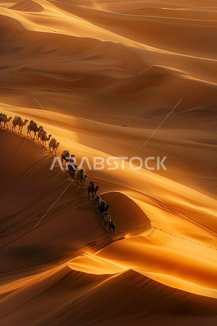  التنقل و الترحال في القدم، قافلة من الإبل تسير فوق الكثبان الرملية في طريق السفر الصحراوي، تربية الجمال والناقات العربية في المحميات الطبيعية في البادية، المناظر الطبيعية والرمال الذهبية الناعمة في المملكة العربية السعودية، الحياة البدوية الشعبية القديمة