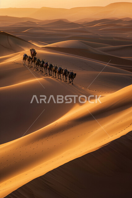 قافلة من الإبل تسير فوق الكثبان الرملية في طريق السفر الصحراوي، تربية الجمال والناقات العربية في المحميات الطبيعية في البادية، المناظر الطبيعية والرمال الذهبية الناعمة في المملكة العربية السعودية، الحياة البدوية الشعبية القديمة, التنقل و الترحال في القدم