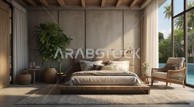 تصميم داخلي لغرفة نوم بأسلوب حديث، غرف بتصاميم داخلية عصرية، شقق وفلل سكنية بديكورات فاخرة، واجهة زجاجية مطلة على البحر، سرير مريح مع وسائد، أثاث منزلي راقي وأنيق