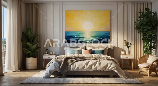 فنون الهندسة المعمارية والديكور في الفنادق والمنتجعات، سرير ووسائد مريحة، أثاث منزلي راقي وأنيق، تصميم داخلي لغرفة نوم بأسلوب حديث، غرف بتصاميم داخلية عصرية، شقق وفلل سكنية بديكورات فاخرة