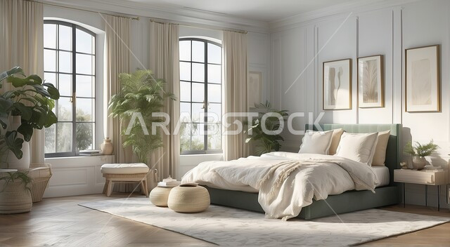 غرف بتصاميم داخلية عصرية، شقق وفلل سكنية بديكورات فاخرة، نوافذ زجاجية كبيرة مطلة على الطبيعة، سرير مريح مع وسائد، أثاث منزلي راقي وأنيق، تصميم داخلي لغرفة نوم بأسلوب حديث