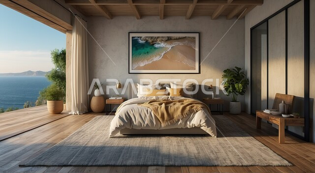 واجهة زجاجية مطلة على البحر، سرير مريح مع وسائد، أثاث منزلي راقي وأنيق، تصميم داخلي لغرفة نوم بأسلوب حديث، غرف بتصاميم داخلية عصرية، شقق وفلل سكنية بديكورات فاخرة