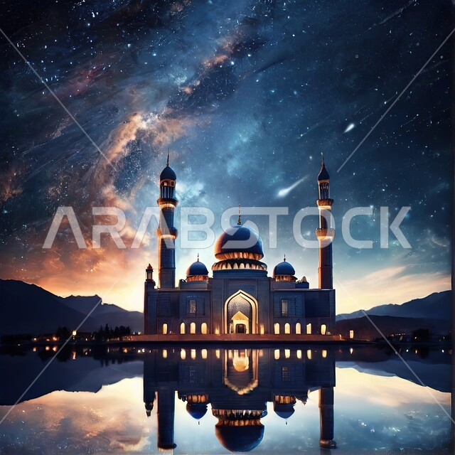 منظر السماء المليئة بالنجوم ليلا، مجسم ثلاثي الأبعاد لمسجد عريق بجانب بحيرة مياه، الفن الهندسي المعماري للقبب والمآذن، دعوة المسلمين للصلاة والعبادة والتقرب الى الله