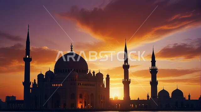 Calling Muslims to pray, worship, and draw closer to God, a three-dimensional model of an ancient mosque at sunset, architectural engineering art for domes and minarets, mosques with modern and luxurious decor.