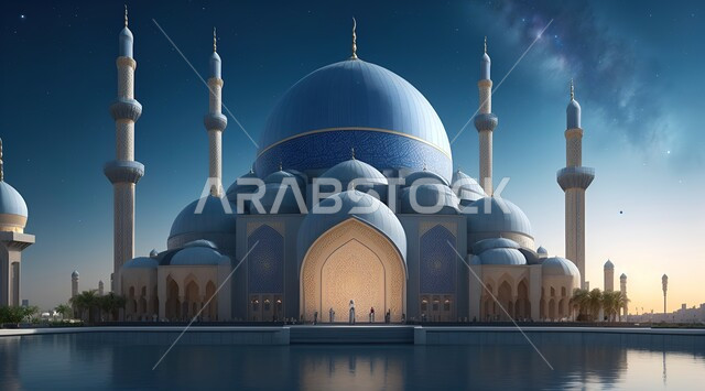 مجسم ثلاثي الأبعاد لمسجد عريق بجانب بحيرة مياه، الفن الهندسي المعماري للقبب والمآذن، دعوة المسلمين للصلاة والعبادة والتقرب الى الله، مساجد بديكورات حديثة وفاخرة