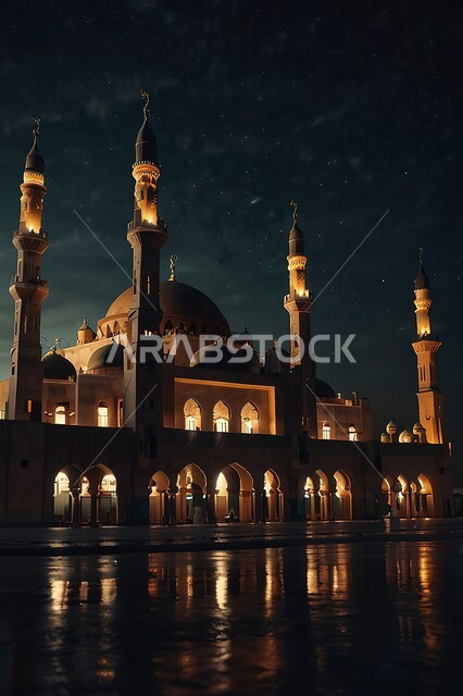 الفن الهندسي المعماري للقبب والمآذن، دعوة المسلمين للصلاة والعبادة والتقرب الى الله، مجسم ثلاثي الأبعاد لمسجد عريق في ليلا، مساجد بديكورات حديثة وفاخرة