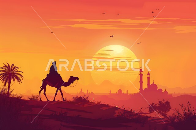 تربية الإبل والنوق العربية الأصيلة، استخدام الحيوانات للتنقل في البادية، صورة ظلية لرجل عربي خليجي سعودي يمتطي الجمل في وقت غروب الشمس، الاهتمام بزراعة أشجار النخيل، تربية المواشي في المحميات الطبيعية، خلفية قبب ومآذن المساجد، سيلويت