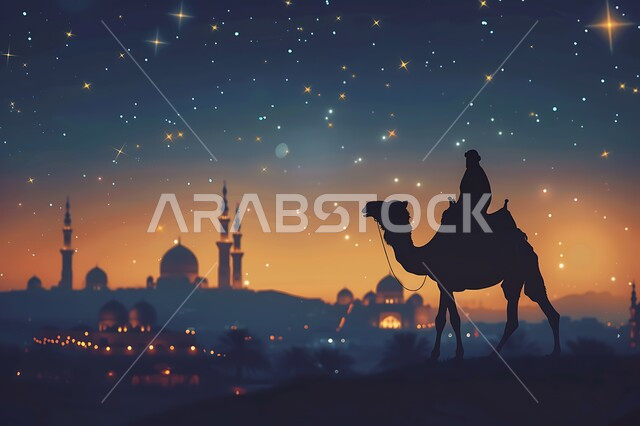 تربية المواشي في المحميات الطبيعية، تربية الإبل والنوق العربية الأصيلة، استخدام الحيوانات للتنقل في البادية، صورة ظلية لرجل عربي خليجي سعودي يمتطي الجمل في وقت غروب الشمس، خلفية قبب ومآذن المساجد، سيلويت