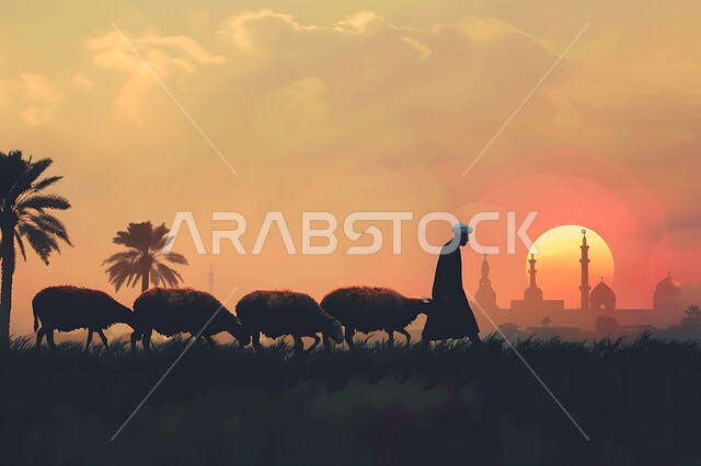 قربان وأضاحي عيد الأضحى المبارك، الإهتمام بتربية الحيوانات والمواشي، رسوم توضيحية ظلية لراعي أغنام يقوم برعاية القطيع، منظر غروب الشمس في المناطق الطبيعية بالمملكة العربية السعودية، خلفية قبب ومآذن المساجد، سيلويت