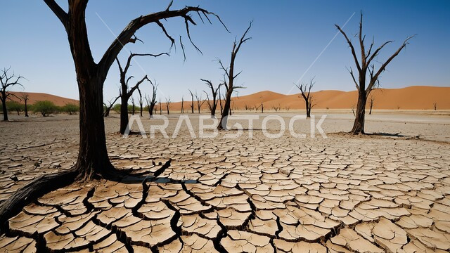 مفهوم الإحتباس الحراري، البيئة الصحراوية القاحلة، صورة مقربة لجذوع شجر يابسة في أرض طينية متشققة في موسم الجفاف، نتائج الكوارث الطبيعية والهزات الأرضية، المناطق الصحراوية الجافة, تغير المناخ والعوامل الطبيعية