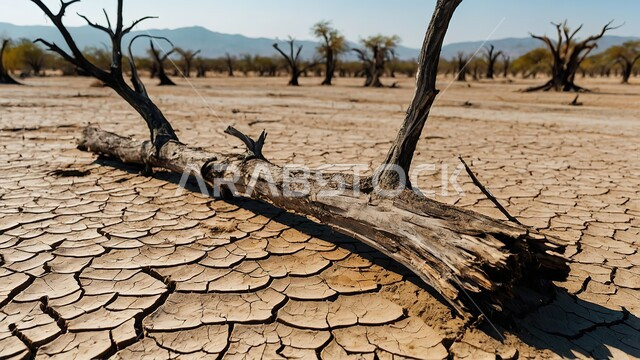  نتائج الكوارث الطبيعية والهزات الأرضية، المناطق الصحراوية الجافة, تغير المناخ والعوامل الطبيعية، مفهوم الإحتباس الحراري، البيئة الصحراوية القاحلة، صورة مقربة لجذوع شجر يابسة في أرض طينية متشققة في موسم الجفاف