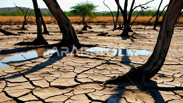  البيئة الصحراوية القاحلة، صورة مقربة لجذوع شجر يابسة في أرض طينية متشققة في موسم الجفاف، نتائج الكوارث الطبيعية والهزات الأرضية، المناطق الصحراوية الجافة, تغير المناخ والعوامل الطبيعية، مفهوم الإحتباس الحراري