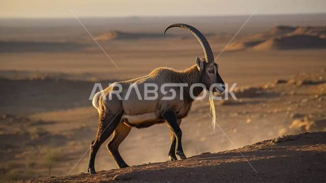 حيوان الوعل النوبي، ماعز ذو قرون طويلة يقف وسط الكثبان الرملية، تربية ورعاية المواشي في المناطق الجبلية والطبيعة الصحراوية، محميات طبيعية في المملكة العربية السعودية
