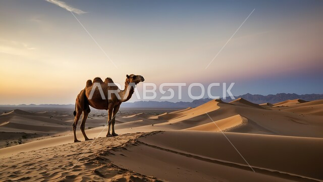 A brown camel standing in the middle of soft golden sand, wild natural reserves for caring for camels and camels in desert areas, the concept of interest in raising camels and caring for livestock and mammals in the Kingdom of Saudi Arabia, terrain, heights and sandy peaks, means of transportation and travel on foot.