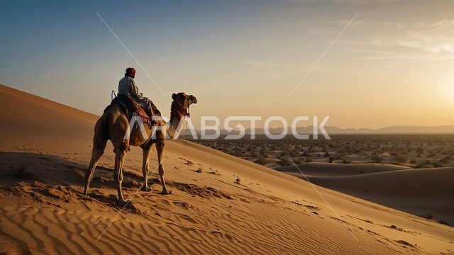  وسائل التنقل والسفر في القدم، حيوان الجمل البني يقف وسط الرمال الذهبية الناعمة، محميات طبيعية برية للعناية بالجمال والابل في المناطق الصحراوية، مفهوم الاهتمام بتربية الجمال ورعاية المواشي والثدييات في المملكة العربية السعودية، التضاريس والمرتفعات والقمم الرملية