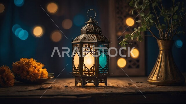 فوانيس وتحف وديكورات تقليدية للاحتفال بقدوم شهر رمضان المبارك، أجواء رمضانية وروحانية إسلامية، فانوس عربي معدني مزخرف مضيء، العادات والتقاليد العربية في زينة الأعياد والمناسبات الدينية