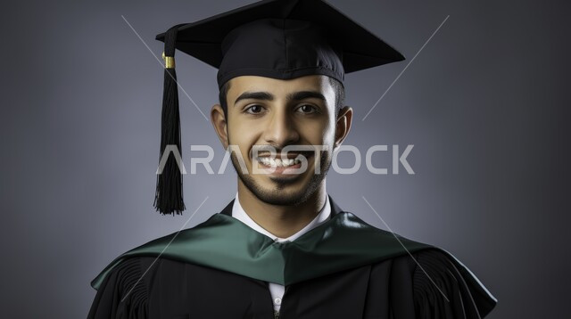 الاحتفال بإنهاء الدراسة الجامعية، بورتريه مقرب لطالب عربي سعودي خليجي يرتدي العباءه وقبعة التخرج ينظر إلى الكاميرا بإيماءات الفرح والسرور, الشعور بالفخر والثقة بالنفس, مفهوم الاجتهاد والتفوق، خلفية سوداء