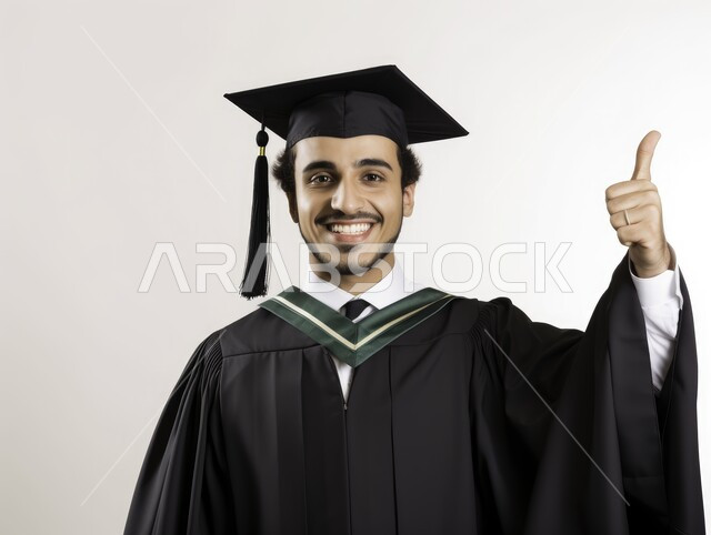 الاحتفال بإنهاء الدراسة الجامعية، بورتريه مقرب لطالب عربي سعودي خليجي يرتدي العباءه وقبعة التخرج ينظر إلى الكاميرا يرفع اصبع الابهام للأعلى بإيماءات الرضا والسرور, الشعور بالفرح والفخر والثقة بالنفس, مفهوم الاجتهاد والتفوق، خلفية بيضاء
