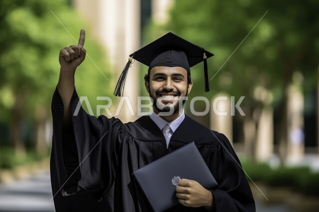 الشعور بالفخر والثقة بالنفس, الاحتفال بإنهاء الدراسة الجامعية، صورة مقربة لطالب عربي سعودي خليجي يرتدي العباءه وقبعة التخرج يحمل بيده شهادة النجاح ينظر إلى الكاميرا بإيماءات الفرح والسرور, مفهوم الاجتهاد والتفوق