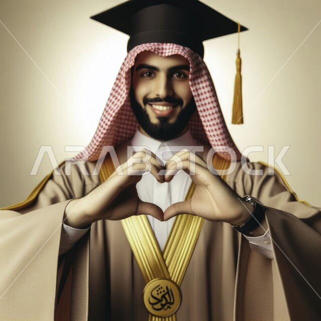 الشعور بالفخر والثقة بالنفس, الاحتفال بإنهاء الدراسة الجامعية، بورتريه مقرب لطالب عربي سعودي خليجي يرتدي العباءه وقبعة التخرج ينظر إلى الكاميرا يشكل بيديه قلب بإيماءات الفرح والسرور, مفهوم الاجتهاد والتفوق، خلفية ملونة