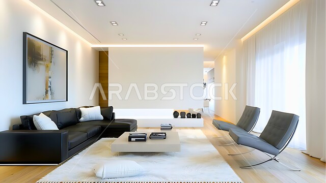 تصميم داخلي حديث لشقة سكنية، التصاميم والديكورات الداخلية لغرفة معيشة بأثاث منزلي راقي، اختيار الألوان المناسبة والتنسيق بين الأثاث والإكسسوارات، استخدام المفروشات ذو التصاميم العصرية