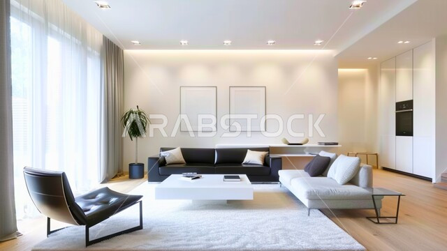 تصميم داخلي حديث لشقة سكنية، التصاميم والديكورات الداخلية لغرفة معيشة بأثاث منزلي راقي، اختيار الألوان المناسبة والتنسيق بين الأثاث والإكسسوارات، استخدام المفروشات ذو التصاميم العصرية