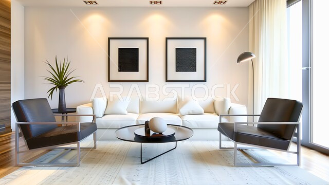 تصميم داخلي حديث لشقة سكنية، التصاميم والديكورات الداخلية لغرفة معيشة بأثاث منزلي راقي، اختيار الألوان المناسبة والتنسيق بين الأثاث والإكسسوارات، استخدام المفروشات ذو التصاميم العصرية