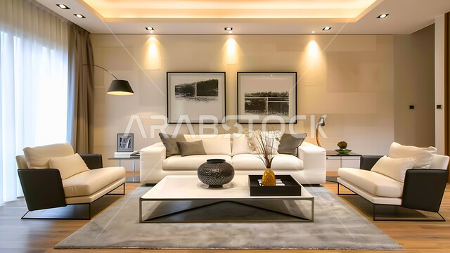  اختيار الألوان المناسبة والتنسيق بين الأثاث والإكسسوارات، استخدام المفروشات ذو التصاميم العصرية، تصميم داخلي حديث لشقة سكنية، التصاميم والديكورات الداخلية لغرفة معيشة بأثاث منزلي راقي