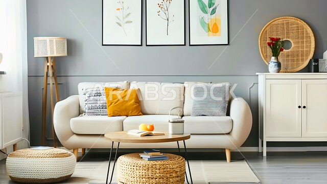 تصميم داخلي حديث لشقة سكنية، التصاميم والديكورات الداخلية لغرفة معيشة بأثاث منزلي راقي، اختيار الألوان المناسبة والتنسيق بين الأثاث والإكسسوارات، استخدام المفروشات ذو التصاميم العصرية