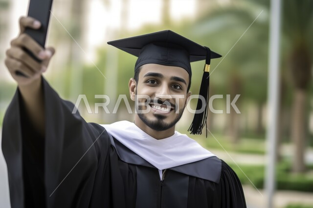 مفهوم الاجتهاد والتفوق، الاحتفال بإنهاء الدراسة الجامعية، صورة مقربة لطالب عربي سعودي خليجي يرتدي العباءه وقبعة التخرج يمسك بيده شهادة النجاح ينظر إلى الكاميرا بإيماءات الرضا والسرور, الشعور بالبهجة والفرح