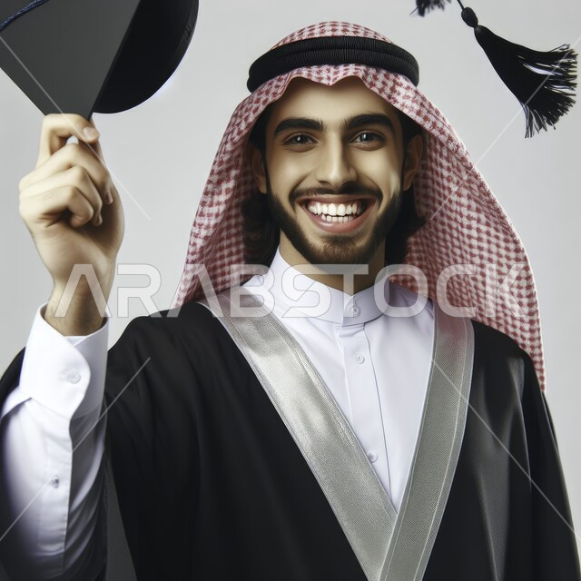 الشعور بالبهجة والفرح، مفهوم الاجتهاد والتفوق، الاحتفال بإنهاء الدراسة الجامعية، بورتريه مقرب لطالب عربي سعودي خليجي يرتدي العباءه والشماغ التقليدي يحمل بيده قبعة التخرج ينظر إلى الكاميرا بإيماءات الرضا والسرور، خلفية بيضاء