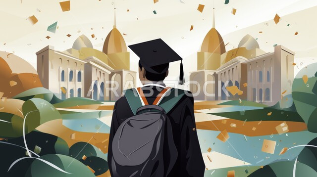 الشعور بالبهجة والفرح، مفهوم الاجتهاد والتفوق، صورة مقربة من الخلف لطالب عربي سعودي خليجي يرتدي العباءه وقبعة التخرج يقف أمام المبنى الجامعي، أجواء الاحتفال بإنهاء الدراسة الجامعية