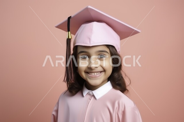 الشعور بالبهجة والفرح، مفهوم الاجتهاد والتفوق والنجاح، الاحتفال بإنهاء العام الدراسي، بورتريه مقرب لطالبة عربية سعودية خليجية ترتدي العباءه وقبعة التخرج تنظر إلى الكاميرا بإيماءات الفرح والسرور، خلفية وردية