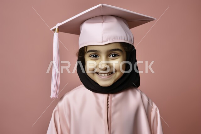الشعور بالبهجة والفرح، مفهوم الاجتهاد والتفوق والنجاح، الاحتفال بإنهاء العام الدراسي، بورتريه مقرب لطالبة عربية سعودية خليجية ترتدي العباءه وقبعة التخرج تنظر إلى الكاميرا بإيماءات الفرح والسرور، خلفية وردية