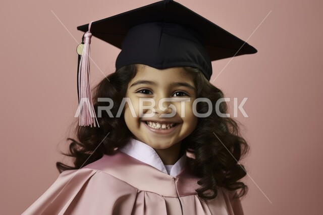 Feeling of joy and happiness, the concept of diligence, excellence and success, celebrating the end of the academic year, a close-up portrait of a Saudi Arabian Gulf student wearing an abaya and graduation cap looking at the camera with gestures of joy and pleasure, a pink background