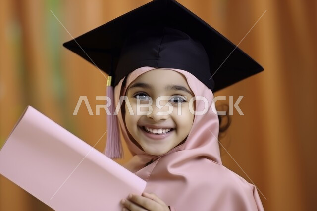 الشعور بالبهجة والفرح، مفهوم الاجتهاد والتفوق، الاحتفال بإنهاء العام الدراسي، صورة مقربة لطالبة عربية سعودية خليجية ترتدي العباءه وقبعة التخرج تحمل بيدها شهادة النجاح تنظر إلى الكاميرا بإيماءات الفرح والسرور، خلفية ملونة