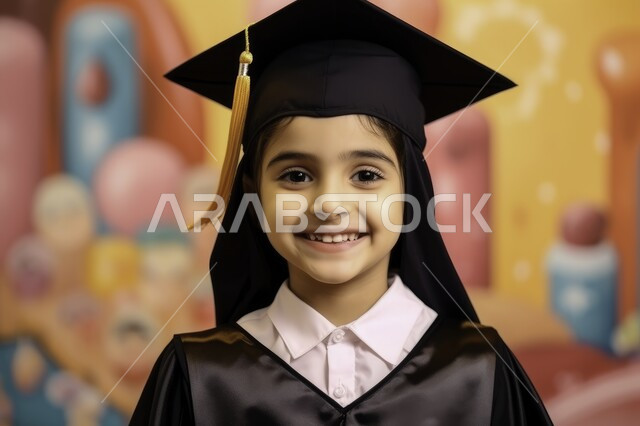 الشعور بالبهجة والفرح، مفهوم الاجتهاد والتفوق، الاحتفال بإنهاء العام الدراسي، صورة مقربة لطالبة عربية سعودية خليجية ترتدي العباءه وقبعة التخرج تنظر إلى الكاميرا بإيماءات الفرح والسرور، خلفية ملونة