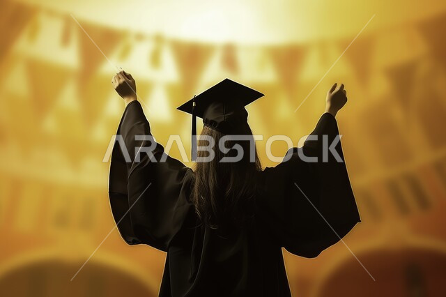 الشعور بالبهجة والفرح، مفهوم الاجتهاد والتفوق، الاحتفال بإنهاء العام الدراسي، صورة مقربة من الخلف لطالبة عربية سعودية خليجية ترتدي العباءه وقبعة التخرج ترفع يديها بإيماءات الفرح والسرور، خلفية ملونة
